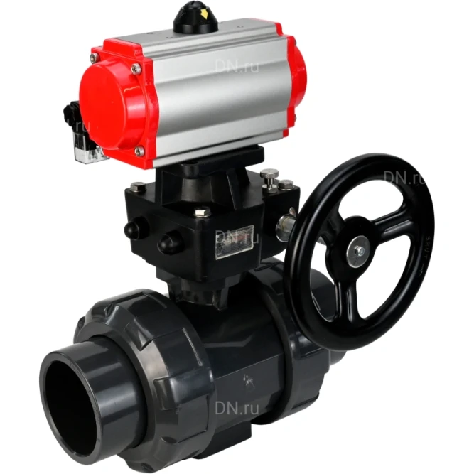 Кран шаровой BV4242E-FP-GRM-ISO Дн40 Ру10 полнопроходной, корпус - НПВХ, шар - НПВХ, уплотнение - EPDM, с пневмоприводом PA-DA-052, пневмораспределителем 4M310-08 AC220V и ручным дублером MON1-250-T26-ISO в Хабаровске