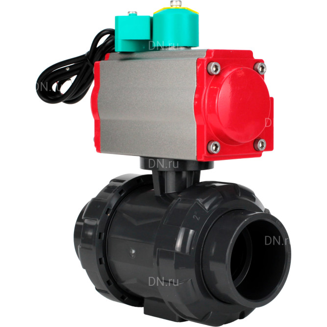 Кран шаровой BV4242E-FP-GRM-ISO Дн40 Ру10 полнопроходной, корпус - НПВХ, шар - НПВХ, уплотнение - EPDM, с пневмоприводом PA-SA-065 и магнитным переключателем ALS200D в Хабаровске