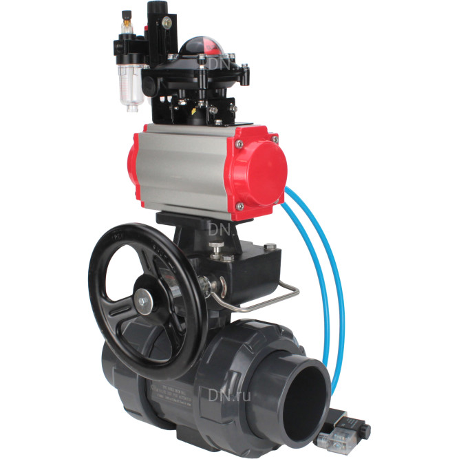Кран шаровой BV4242E-FP-GRM-ISO Дн32 Ру10 полнопроходной, корпус - НПВХ, шар - НПВХ, уплотнение - EPDM, с пневмоприводом PA-DA-052, пневмораспределителем 4V320-08 AC220V, ручным дублером MON1-250-T26-ISO, БКВ APL-210N и БПВ AFC2000 в Хабаровске