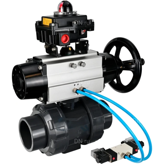 Кран шаровой BV4242E-FP-GRM-ISO Дн40 Ру10 полнопроходной, корпус - НПВХ, шар - НПВХ, уплотнение - EPDM, с пневмоприводом PA-DA-105-1, пневмораспределителем 4V320-08 AC220V и БКВ APL-410N EX в Хабаровске