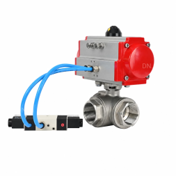 Кран шаровой BV3232P(4pc)-SP-3WL-T-ISO-H WDVF Ду65 Ру40 стандартнопроходной, 3-ходовой L-тип, внутренняя резьба, корпус - нержавеющая сталь AISI 316, уплотнение - PTFE, с пневмоприводом PA-SA-140 и пневмораспределителем 4V320-10 AC220V