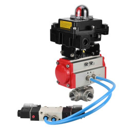 Кран шаровой BV3232P(4pc)-SP-3WL-T-ISO-H Ду20 Ру63, стандартнопроходной, четырехсоставной, корпус - нержавеющая сталь 316, уплотнение - PTFE, внутренняя резьба, с пневмоприводом PA-DA-052, пневмораспределителем 4V320-10 AC220V, БКВ APL-410N Ex