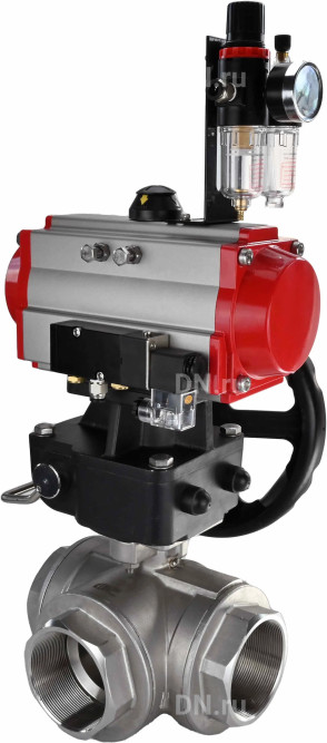 Кран шаровой BV3232P(4pc)-SP-3WL-T-ISO-H Ду40 Ру63 стандартнопроходной трехходовой L-тип, нержавеющая сталь SS316, внутренняя резьба, PTFE, пн.приводом PA-DA-065, пн.распределителем 4M310-08 DC24V, ручным дублером MON1-250-T26-ISO и БПВ AFC2000 в Хабаровске