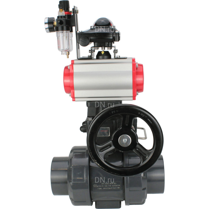 Кран шаровой BV4242E-FP-GRM-ISO Дн15 Ру10 полнопроходной, корпус - НПВХ, шар - НПВХ, уплотнение - EPDM, с пневмоприводом PA-DA-052, пневмораспределителем 4V320-10 AC220V, ручным дублером MON1-250-T26-ISO, БКВ APL-210N и БПВ AFC2000 в Хабаровске