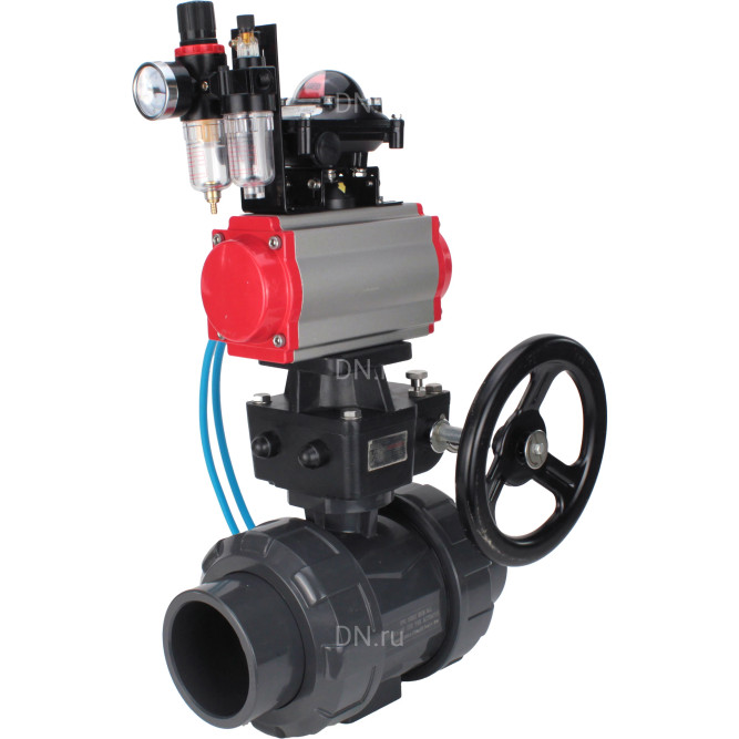 Кран шаровой BV4242E-FP-GRM-ISO Дн15 Ру10 полнопроходной, корпус - НПВХ, шар - НПВХ, уплотнение - EPDM, с пневмоприводом PA-DA-052, пневмораспределителем 4V320-10 AC220V, ручным дублером MON1-250-T26-ISO, БКВ APL-210N и БПВ AFC2000 в Хабаровске