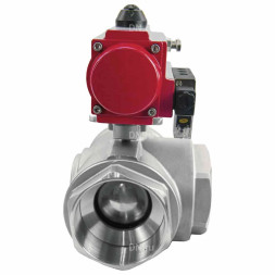 Кран шаровой BV3232P(4pc)-SP-3WL-T-ISO-H Ду65 Ру40 стандартнопроходной L-тип, трехходовой, нержавеющая сталь SS316, внутренняя резьба, уплотнение - PTFE, с пн.приводом PA-DA-083 c пн.распределителем 4M310-08 AC220V