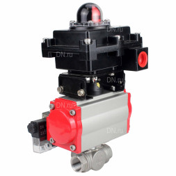 Кран шаровой BV3232P(4pc)-SP-3WL-T-ISO-H Ду10 Ру63 стандартнопроходной трехходовой L-тип, нержавеющая сталь SS316, внутренняя резьба, PTFE, пн.приводом PA-DA-052, пн.распределителем 4M310-08 AC220V и БКВ APL-410N EX