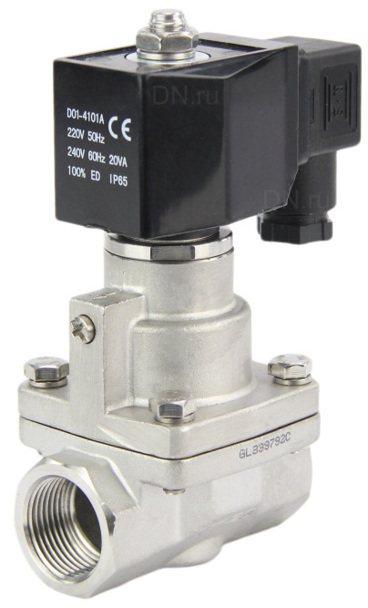 Клапан электромагнитный VS1031-PT-NC-220VAC 1 1/2″ Ду40 Ру12 соленоидный двухходовой поршневой, резьбовой, корпус - нержавеющая сталь AISI 304, уплотнение - PTFE, пилотного действия, нормально закрытый, катушка - 220В AC в Хабаровске