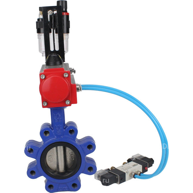 Затвор дисковый поворотный WBV1616N-2W-Fb-H Ду125 Ру16 LUG корпус - чугун QT450, диск - чугун QT450, уплотнение - NBR, с пневмоприводом PA-SA-140, пневмораспределителем 4V320-08 AC220V и БПВ AFC2000 в Хабаровске