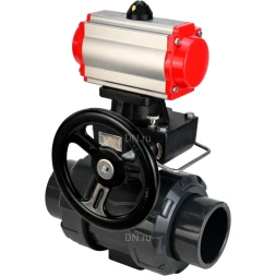 Кран шаровой BV4242E-FP-GRM-ISO Дн40 Ру10 полнопроходной, корпус - НПВХ, шар - НПВХ, уплотнение - EPDM, с пневмоприводом PA-DA-052, пневмораспределителем 4M310-08 DC24V и ручным дублером MON1-250-T26-ISO