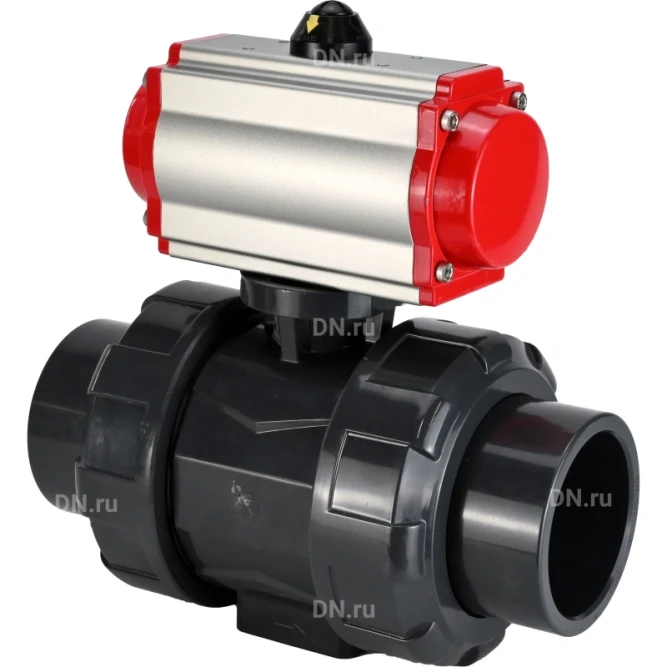 Кран шаровой BV4242E-FP-GRM-ISO Дн25 Ру10 полнопроходной, корпус - НПВХ, шар - НПВХ, уплотнение - EPDM, с пневмоприводом PA-DA-052 двойного действия в Хабаровске