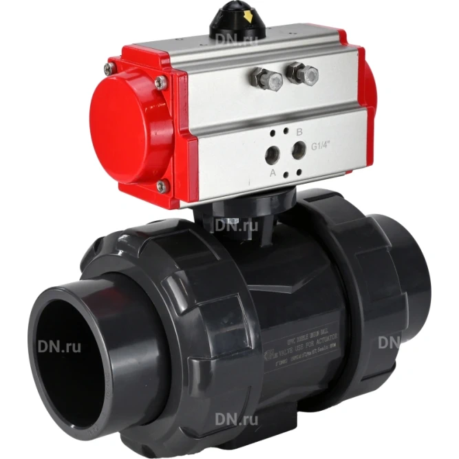 Кран шаровой BV4242E-FP-GRM-ISO Дн25 Ру10 полнопроходной, корпус - НПВХ, шар - НПВХ, уплотнение - EPDM, с пневмоприводом PA-DA-052 двойного действия в Хабаровске