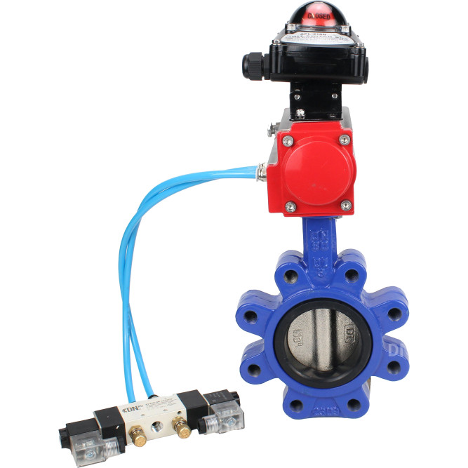 Затвор дисковый поворотный WBV1616E-2W-Fb-H Ду125 Ру16 LUG корпус - чугун QT450, диск - чугун QT450, уплотнение - EPDM, с пневмоприводом PA-DA-105, пневмораспределителем 4V320-08 AC220V и БКВ APL-210N в Хабаровске