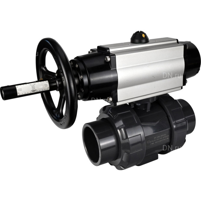 Кран шаровой BV4242E-FP-GRM-ISO Дн32 Ру10 полнопроходной, корпус - НПВХ, шар - НПВХ, уплотнение - EPDM, с пневмоприводом PA-DA-105-1 двойного действия со штурвалом в Хабаровске