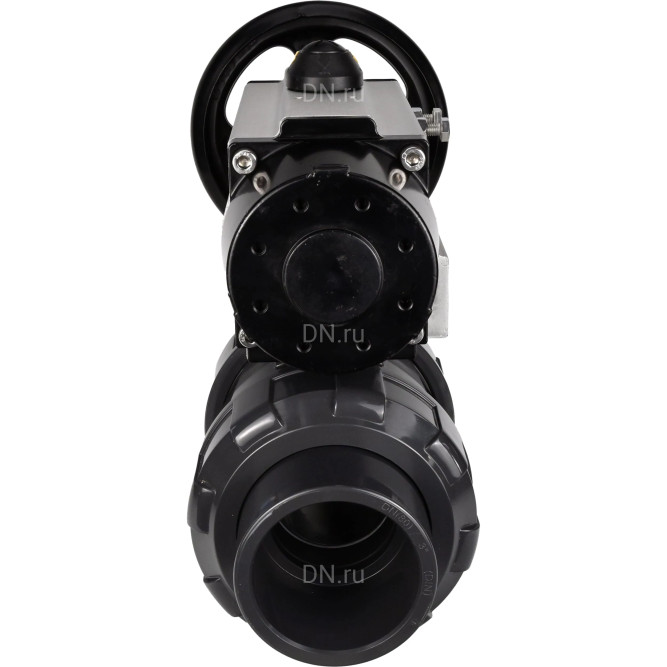 Кран шаровой BV4242E-FP-GRM-ISO Дн32 Ру10 полнопроходной, корпус - НПВХ, шар - НПВХ, уплотнение - EPDM, с пневмоприводом PA-DA-105-1 двойного действия со штурвалом в Хабаровске