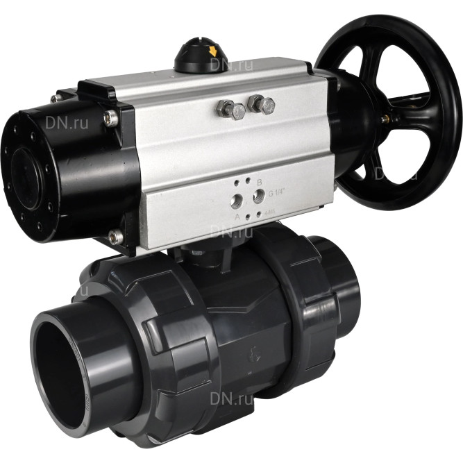 Кран шаровой BV4242E-FP-GRM-ISO Дн32 Ру10 полнопроходной, корпус - НПВХ, шар - НПВХ, уплотнение - EPDM, с пневмоприводом PA-DA-105-1 двойного действия со штурвалом в Хабаровске