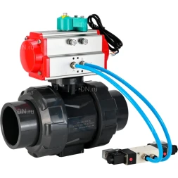 Кран шаровой BV4242E-FP-GRM-ISO Дн40 Ру10 полнопроходной, корпус - НПВХ, шар - НПВХ, уплотнение - EPDM, с пневмоприводом PA-SA-065, пневмораспределителем 4V320-10 AC220V и магнитным переключателем ALS200D