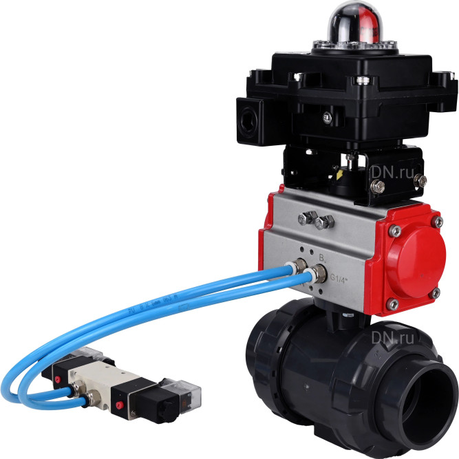 Кран шаровой BV4242E-FP-GRM-ISO Дн65 Ру10 полнопроходной, корпус - НПВХ, шар - НПВХ, уплотнение - EPDM, с пневмоприводом PA-DA-065, пневмораспределителем 4V320-10 AC220V и БКВ APL-410N EX в Хабаровске