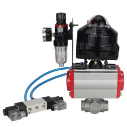 Кран шаровой BV3232P(4pc)-SP-3WL-T-ISO-H 3/8″ Ду10 Ру63 стандартнопроходной трехходовой L-тип, нержавеющая сталь SS316, внутренняя резьба, PTFE, с пн.приводом PA-SA-052 пн.распределителем 4V320-10 AC220V БПВ AFC2000 БКВ APL-510N-EX
