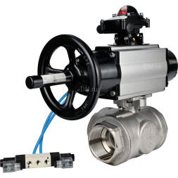 Кран шаровой BV3232P(4pc)-SP-3WL-T-ISO-H Ду80 Ру40, стандартнопроходной, четырехсоставной, корпус - нержавеющая сталь 316, уплотнение - PTFE, внутренняя резьба, с пневмоприводом PA-DA-105-1, пневмораспределителем 4V320-10 AC220V, БКВ APL-210N