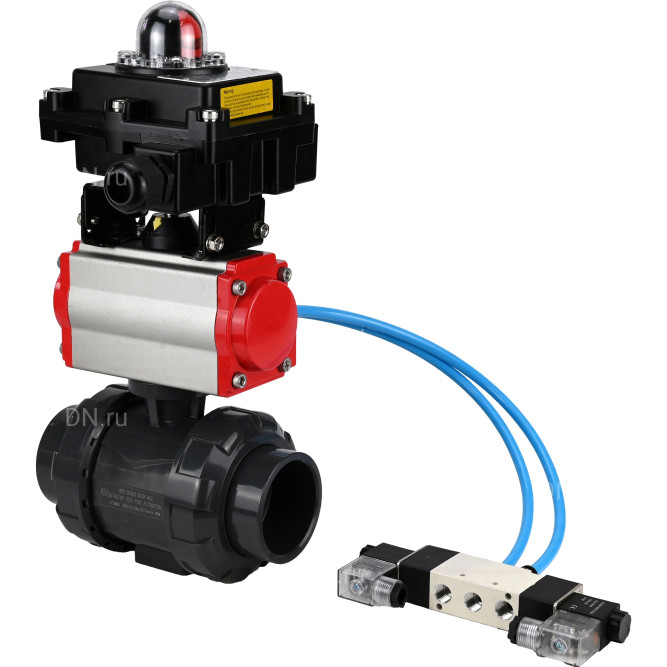 Кран шаровой BV4242E-FP-GRM-ISO Дн100 Ру10 полнопроходной, корпус - НПВХ, шар - НПВХ, уплотнение - EPDM, с пневмоприводом PA-DA-065, пневмораспределителем 4V320-10 AC220V и БКВ APL-410N EX в Хабаровске