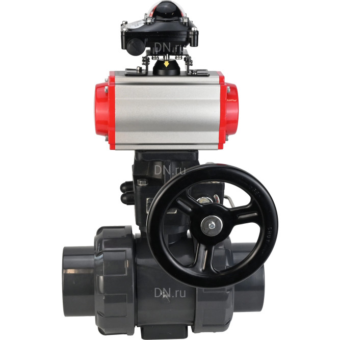 Кран шаровой BV4242E-FP-GRM-ISO Дн20 Ру10 полнопроходной, корпус - НПВХ, шар - НПВХ, уплотнение - EPDM, с пневмоприводом PA-DA-052, пневмораспределителем 4M310-08 AC220V, ручным дублером MON1-250-T26-ISO и БКВ APL-210N в Хабаровске