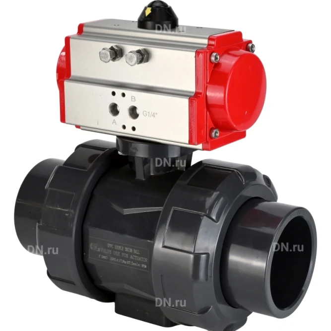 Кран шаровой BV4242E-FP-GRM-ISO Дн20 Ру10 полнопроходной, корпус - НПВХ, шар - НПВХ, уплотнение - EPDM, с пневмоприводом PA-SA-052 с возвратными пружинами в Хабаровске