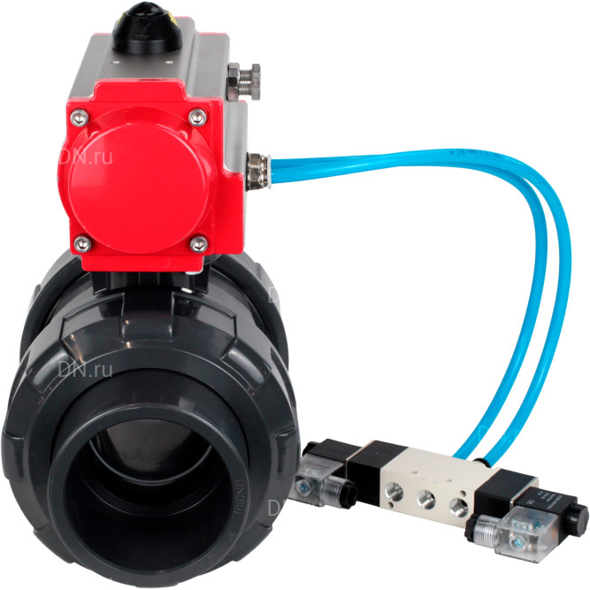 Кран шаровой BV4242E-FP-GRM-ISO Дн15 Ру10 полнопроходной, корпус - НПВХ, шар - НПВХ, уплотнение - EPDM, с пневмоприводом PA-DA-052 и пневмораспределителем 4V320-08 AC220V в Хабаровске