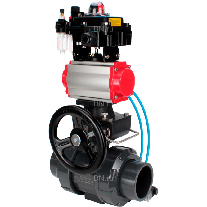 Кран шаровой BV4242E-FP-GRM-ISO Дн25 Ру10 полнопроходной, корпус - НПВХ, шар - НПВХ, уплотнение - EPDM, с пневмоприводом PA-DA-052, пневмораспределителем 4V320-08 AC220V, ручным дублером MON1-250-T26-ISO, БКВ APL-410N EX и БПВ AFC2000 в Хабаровске