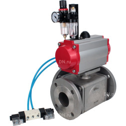 Кран шаровой BV3232P(4pc)-FP-3WL-F Ду15 Ру16 полнопроходной трехходовой, фланцевый, нержавеющая сталь SS316, с пневмоприводом PA-SA-052 с возвратными пружинами с возвратными пружинами, пневмораспределителем 4V320-08 AC220V и БПВ AFC2000