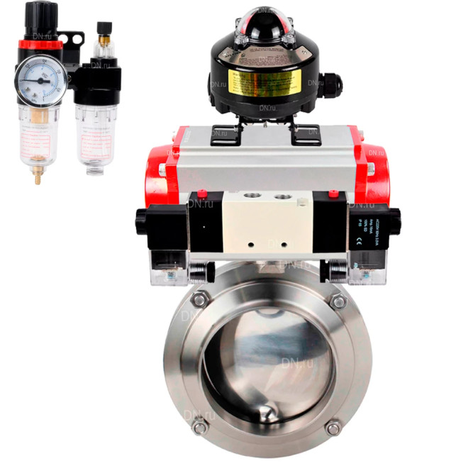 Затвор дисковый поворотный WBV3131S-2W-W-H Ду32 Ру10, под приварку, пищевая нержавеющая сталь 304, уплотнение - Silicon, с пневмоприводом PA-DA-052, пневмораспределителем 4M320-10 AC220V, БКВ APL-510N EX и БПВ AFC2000 в Хабаровске